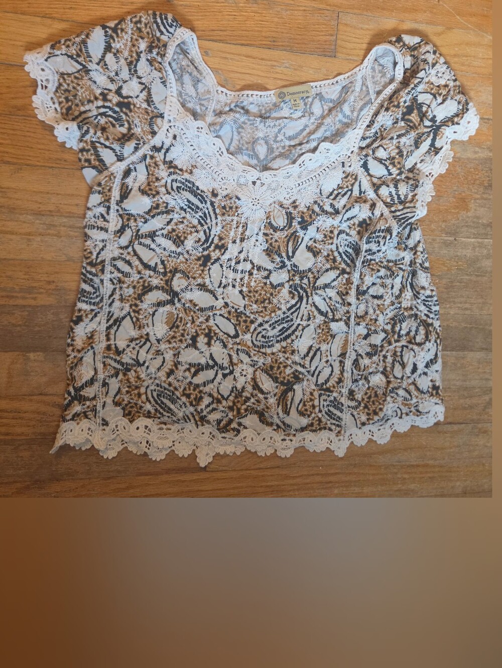 Democracy Crochet-Trim Printed Short Sleeve Camisole - White, Brown, Black Med